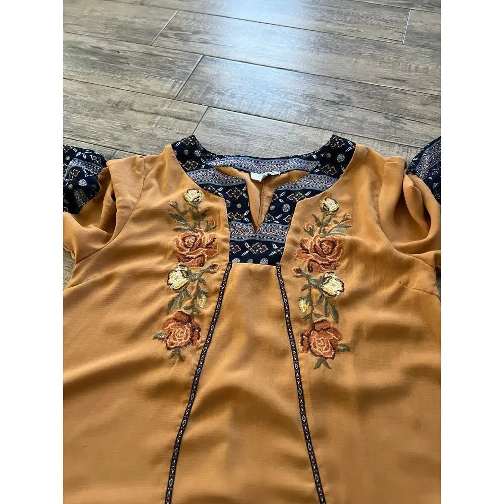 Umgee Women's Mustard Embroidered V-neck 3/4 Bell Sleeve A-line Dress Size Small